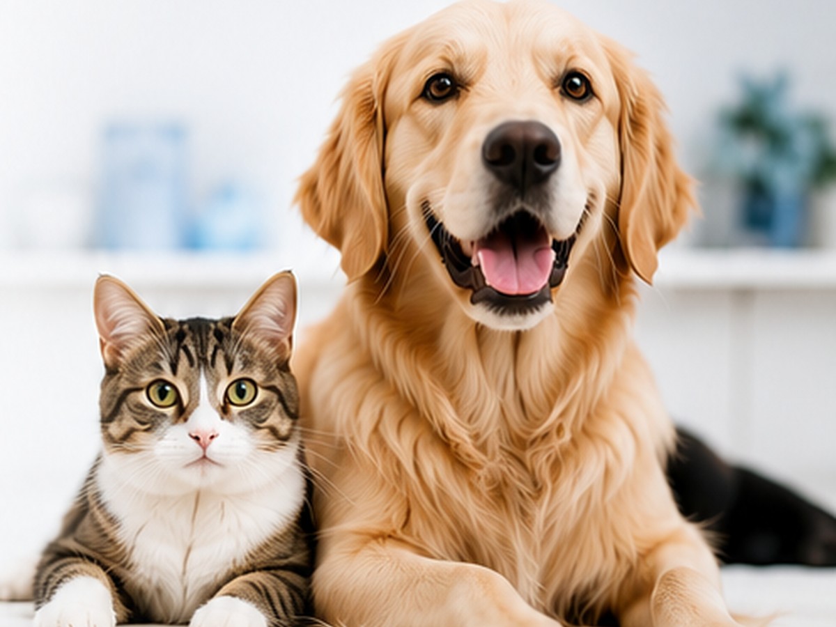 Cão e gato lado a lado em ambiente veterinário claro